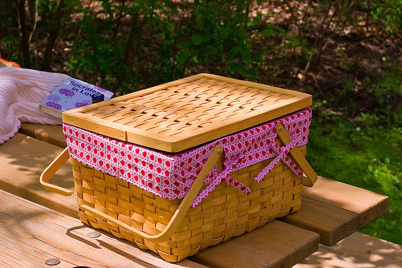 A picnic basket on an outdoor table.