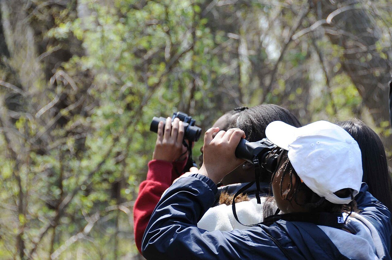 Children observing through binoculars, illustrating how to begin.